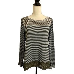 Little Yellow Button Anthropologie Tunic Top Blue Stripe Floral Mixed Media Sz M